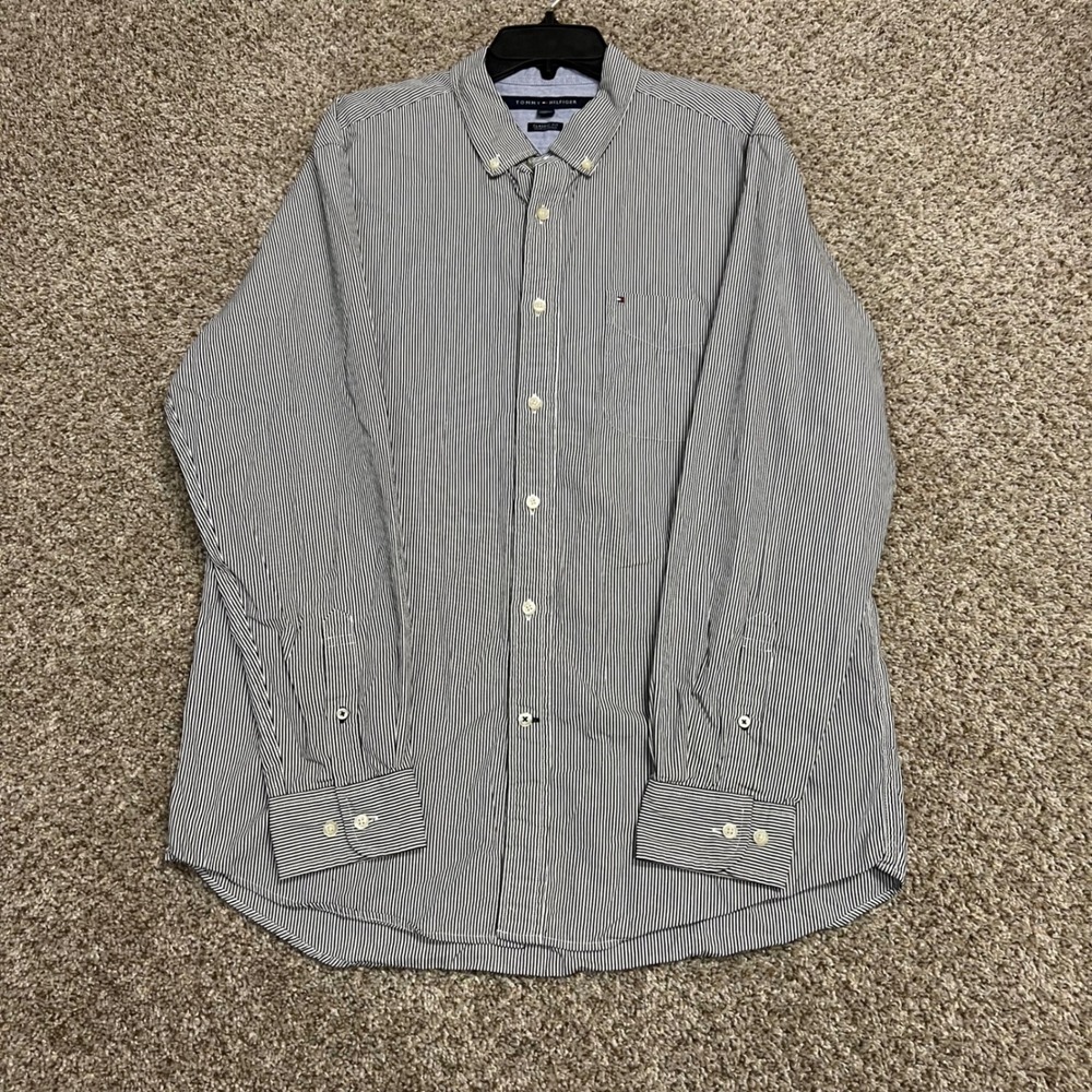 Tommy Hilfiger Mens Large Classic Fit Striped Button Down Shirt Grey White